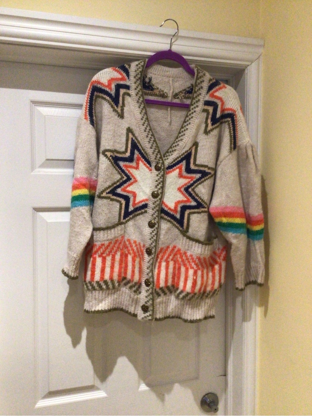 Commense Cream Cardigan with Coral Star and Multicolor Stripe Accents